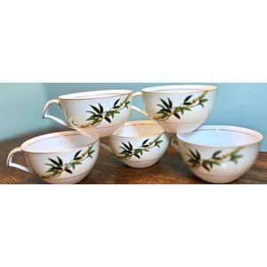 Set Of 5 Vintage Fine China Teacups With Bamboo Leaf Design